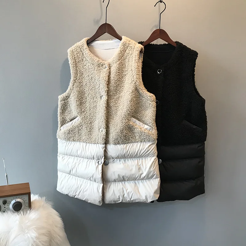 2019 new lambs wool splicing cotton vest women's medium long coat womens vests winter outerwear Spliced sleeveless |