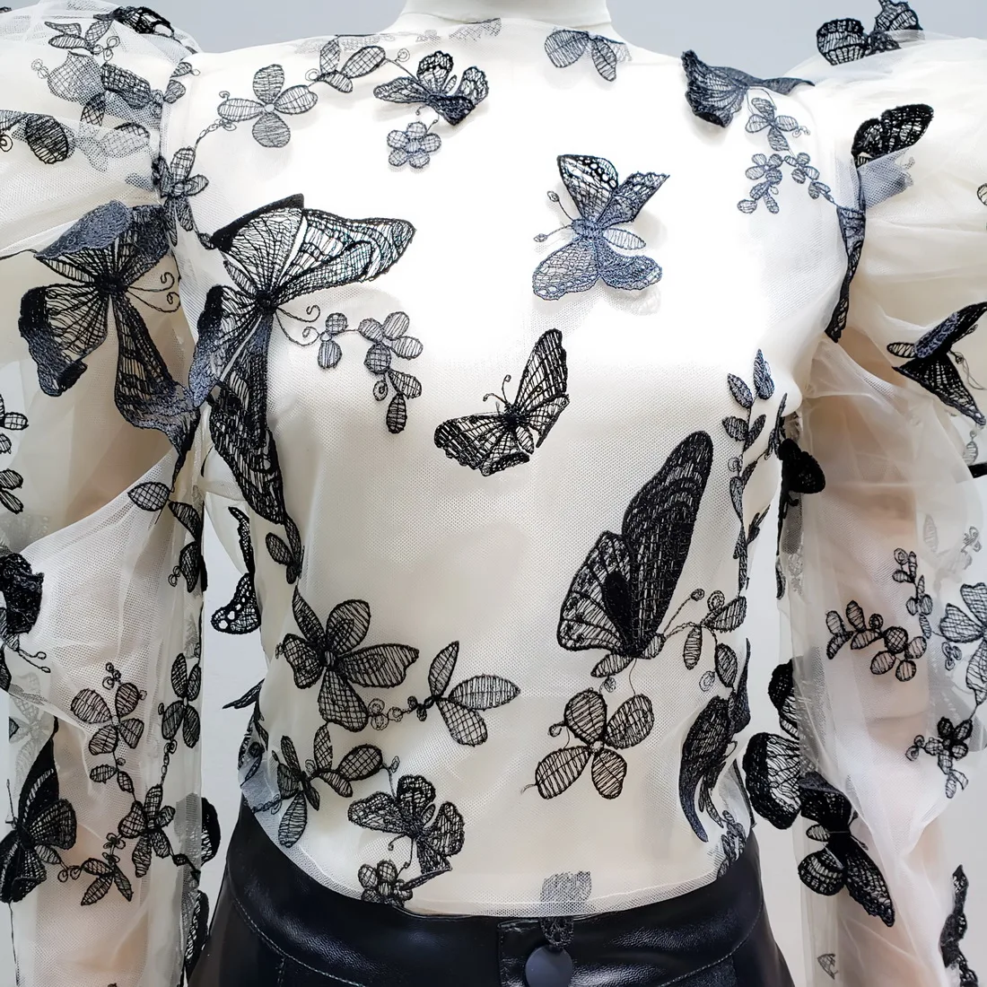 L77street Heavy Industry Mesh Butterfly Embroidered English Lantern Sleeve Perspective Slim Long Sleeve Thin Shirt
