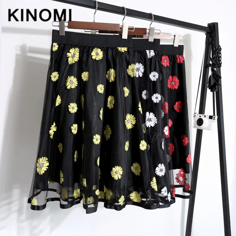  2020 New Spring Summer Vintage Floral Printed Mesh A-Line Tulle Skirts Elegant Midi High Waist Korean Style | Женская одежда