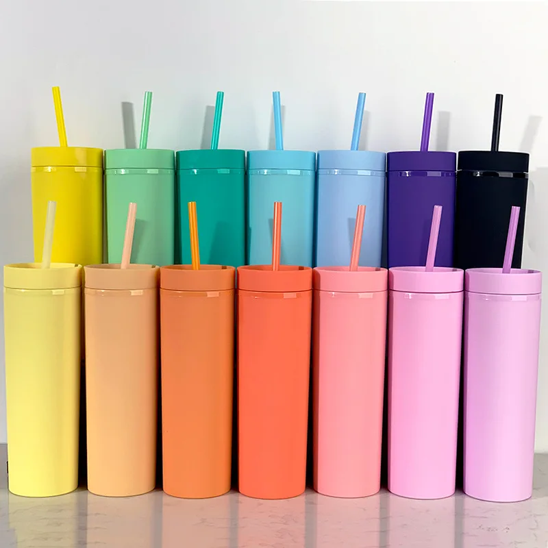 

16oz Double Wall Plastic Cup with Straw Solid Color Reusable Cup Coffee Mug Tumbler Cups Water Bottle for Drinking Juice Milk
