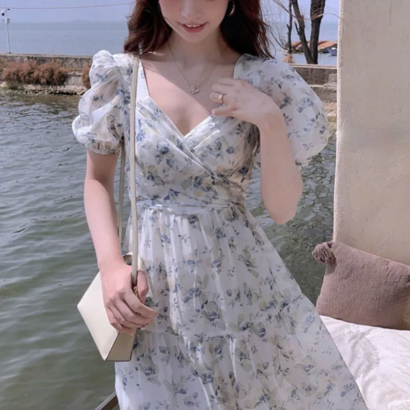 

Vintage Floral Midi Dress Women French Chiffon Design Summer Dress Female Korean Fashion One-piece Dress Women's Clothing 2021