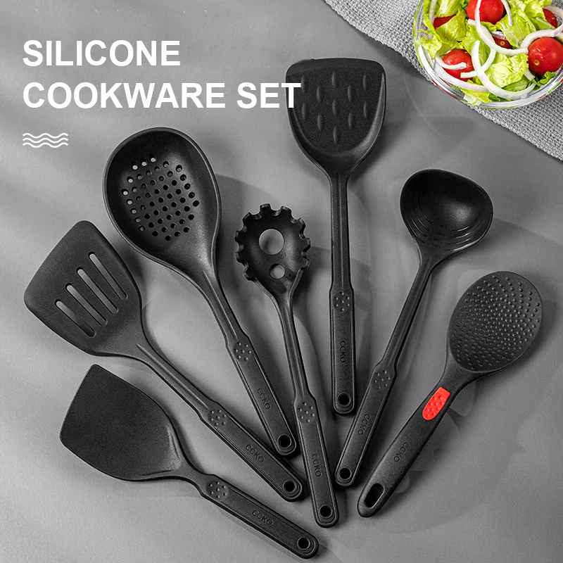 

Black silicone Cooking utensils set kitchen accessories non stick cookware set japanese kitchenware serving soup spoon spatula