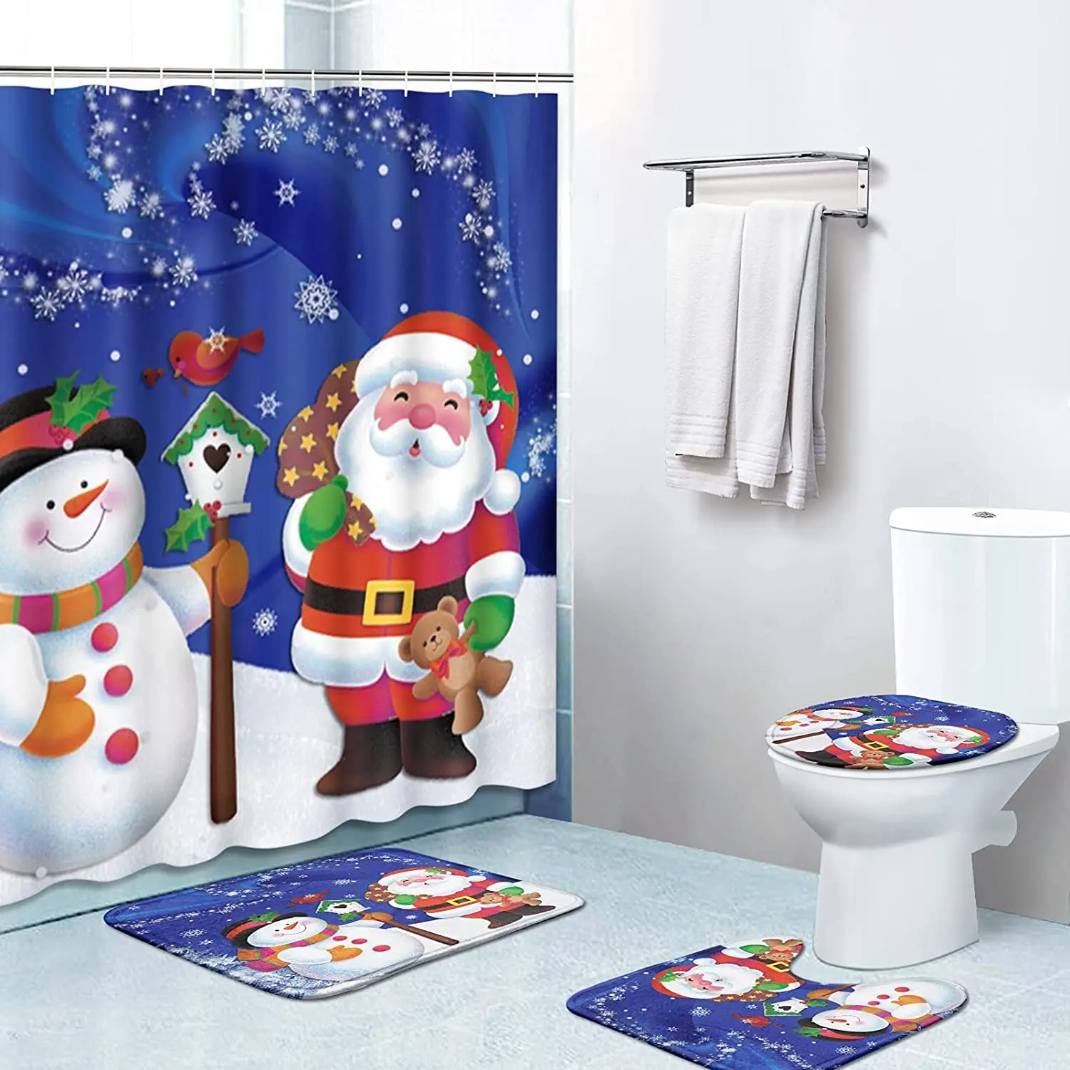 

Рождественские поздравления, набор занавесок для душа с изображением снеговика, чехол на ковер, чехол для унитаза, коврик для ванной, наволо...