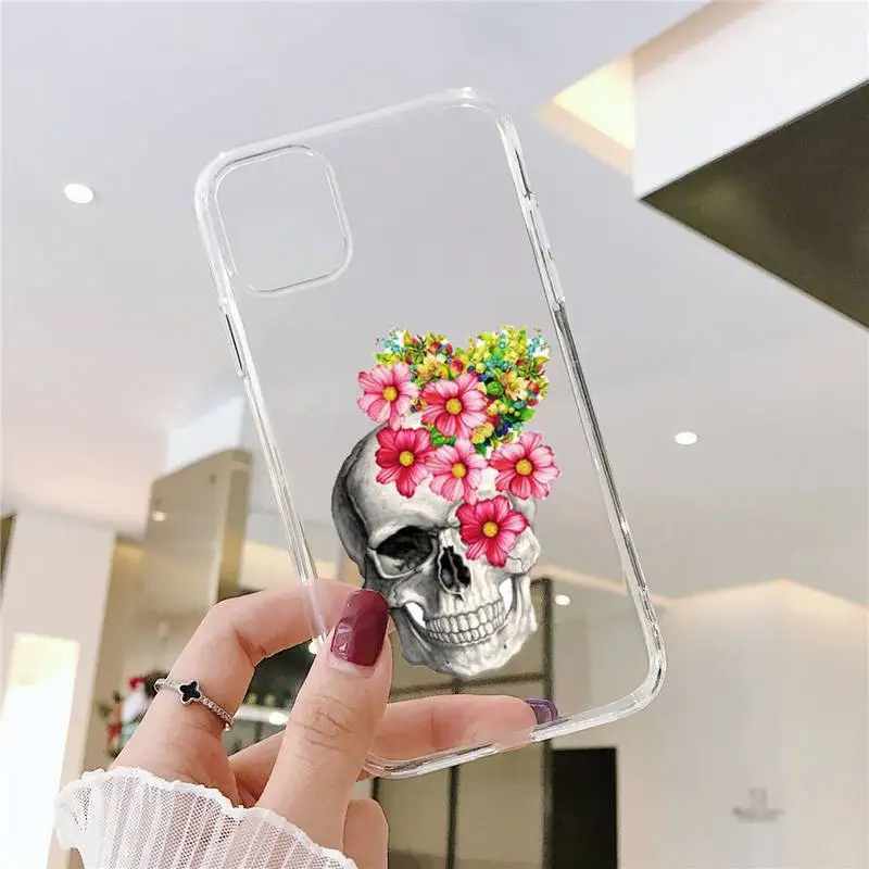 

Flower skull cool Art interesting Phone Case Transparent for iPhone 6 7 8 11 12 s mini pro X XS XR MAX Plus SE cover funda