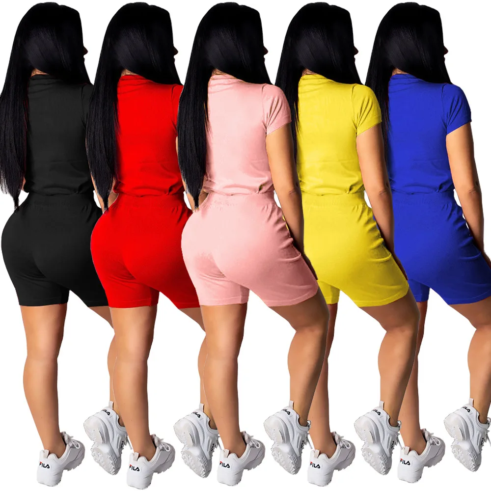 

2020 Two Piece Set Women Casual Tracksuit Short Sleeve Exaggerated Lips Print T-shirt Tops+Elastic Waist Shorts Pants Streetwear