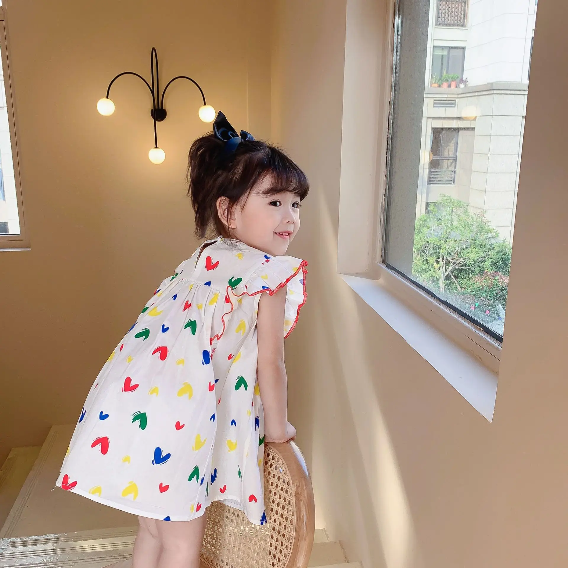 

2021 Summer little princess fly sleeve heart printing cute dress Baby girls sleevless casual dresses