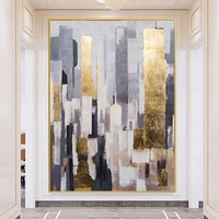 modern home decor hand painted oil painting gold foil line art abstract city landscape canvas painting hotel living room decor