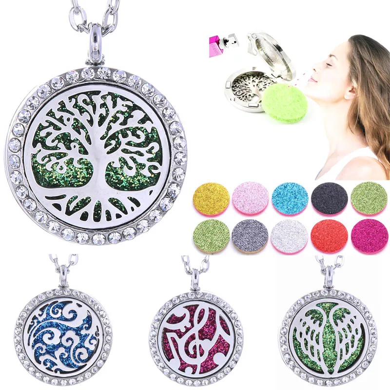 

New Tree of Life stainless steel Aromatherapy necklace open locket Essential Oils Aroma Diffuser Pendant Necklace Crystal locket