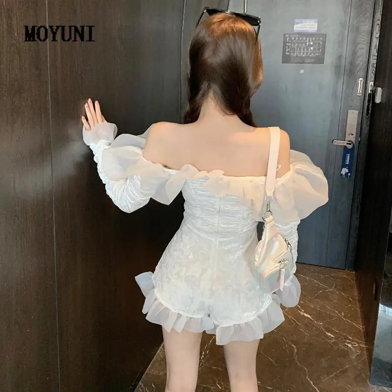 Temperament Sexy Slim Slash Neck Off  The Shoulder Rompers Fairy Ruffle Mesh Jumpsuit Women Flare Long Sleeve Playsuits Shorts