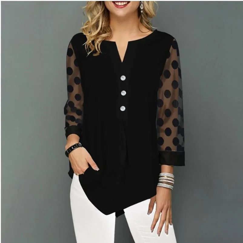 

Women T-shirt Plus Size 5xl Solid Black Tops V-neck Button splice Mesh Nine Points Sleeve Spring Summer Casual Loose Tees Shirt
