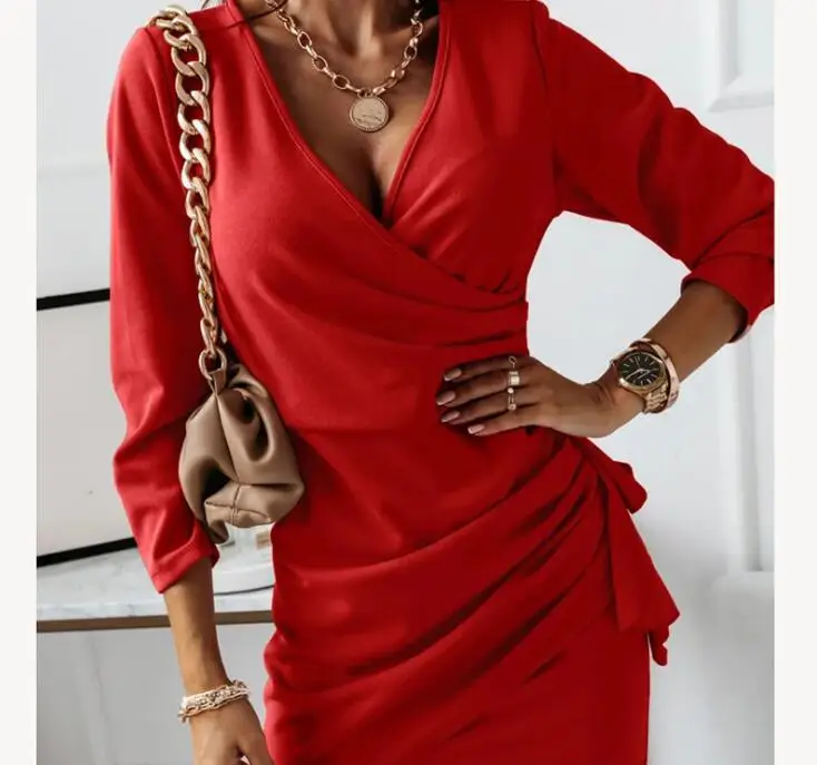 

Hot sale autumn women's fashion solid color slim-fit simple lace-up temperament long-sleeved V-neck party dress mini skirt