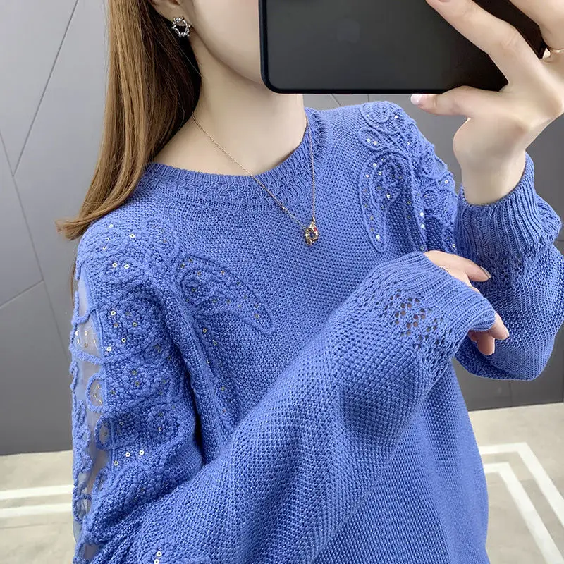 

Hollow Knitted Sweater Women's Thin Spring And Summer New Style Stitching Mesh Sequins Loose Sweater Round Neck Solid Color Top