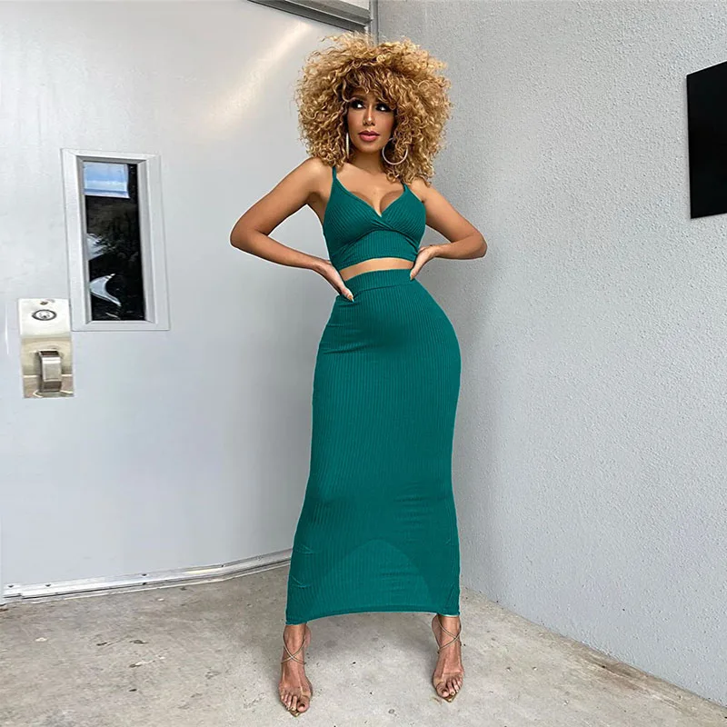 

Party Two Piece Sets V-Neck Sleeveless Crop Top Knitted Long Skirt Split Women Sexy Suit Club Bodycon 2 Pieces Outfits M0383