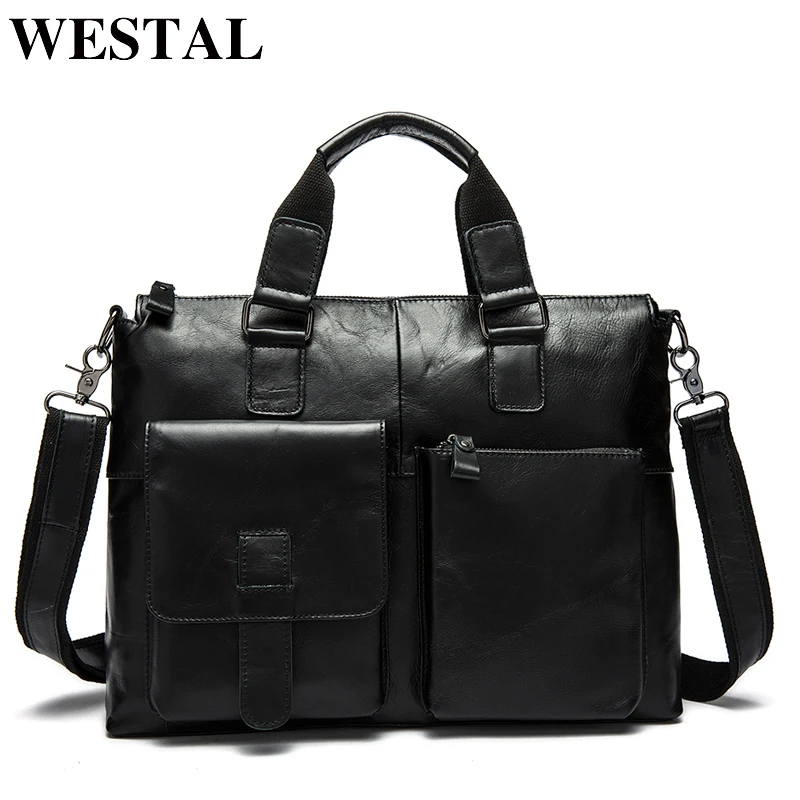 WESTAL Men's Bag Genuine Leather Briefcase Men Laptop Bag Leather Office Bags for Men Totes Business Briefcase Bags for Document