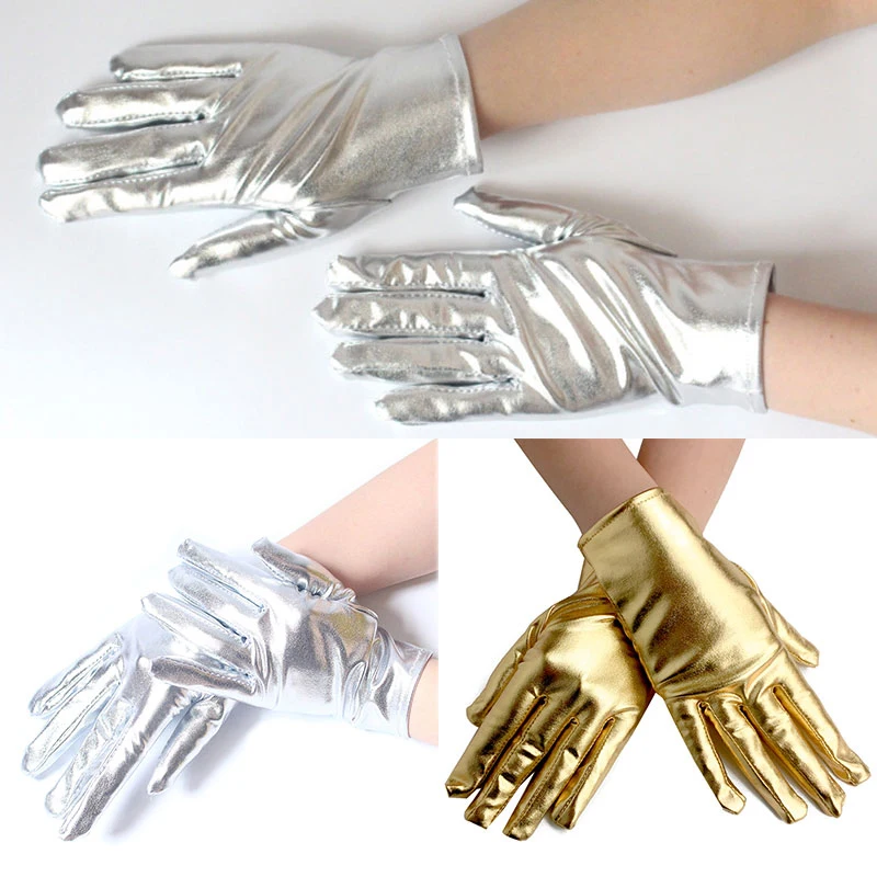 1 Pairs Women Men Patent Leather Gloves Fashion Sexy Unisex Gold Color Etiquette Short Gloves Evening Party Performance Mittens