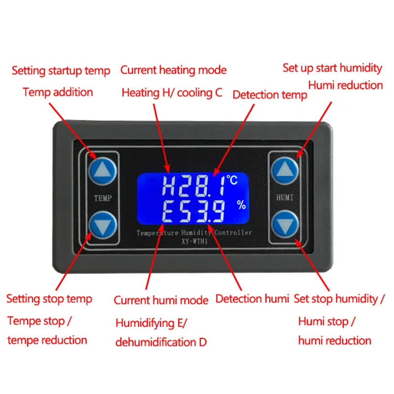 XY-WTH1 Цифровой контроллер постоянной температуры и влажности с двумя выходами термостата для AC 220V, с дисплеем, питающимся от постоянного тока 6-30 В.