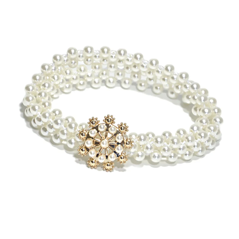 Ремень женский с жемчужинами элегантный эластичный пояс цепочкой цветочным