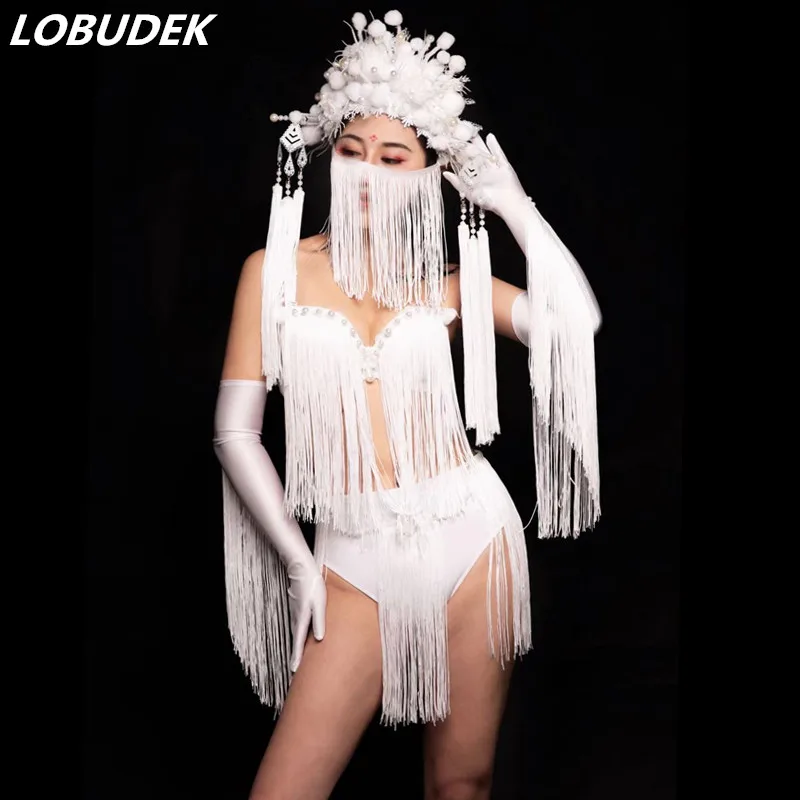 

New Sexy Leading Dancer Stage Wear White Tassel Ball Headdress Fringe Bikini Outfit Set Women DJ Singer Nightclub Bar DS Costume