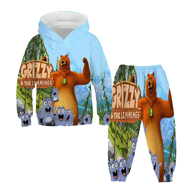

Cartoon grizzly bear and lemming print sportswear suit boys girls long-sleeved hoodies + pants suit autumn kids casual clothing