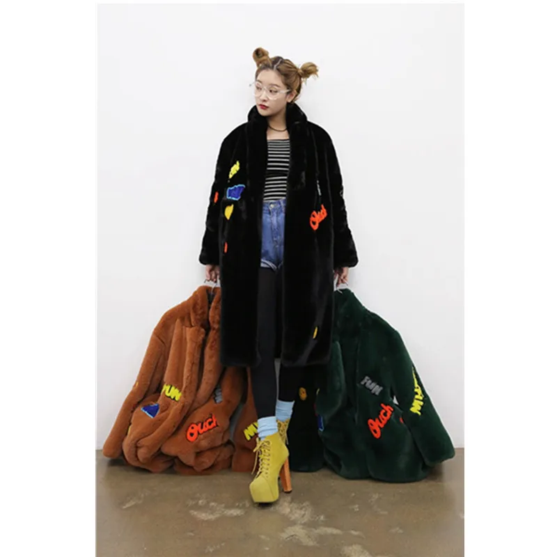 Faux Rex Rabbit Fur Coat Women  Autumn Winter Long Jackets Female Casual Thick Warm Loose Coat Vint Y927