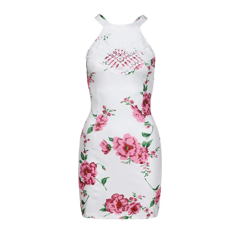 Летнее платье женское кружевное с принтом без рукавов в стиле бохо короткое