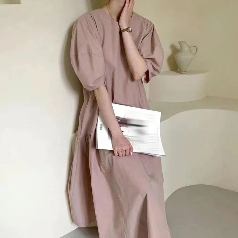 

2021 Summer New Style Korean Fashion Simple Round Neck Lantern Sleeve Loose Solid Color Women's Dress Temperament Thin