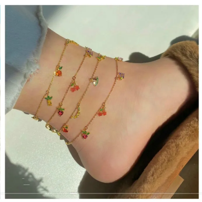 

2020 Trend Crystal Feet Jewelry for Women Summer Grape Pineapple Fruits 18K Gold Plated Chain Anklets Female Bracelet On The Leg