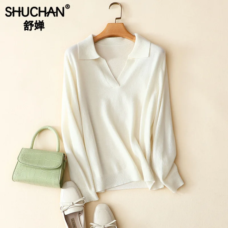 Shuchan Women's Cashmere Sweater V-Neck Solid Computer Knitted Pullovers Office Lady High Quality Korean Top 2019 New Winter | Женская
