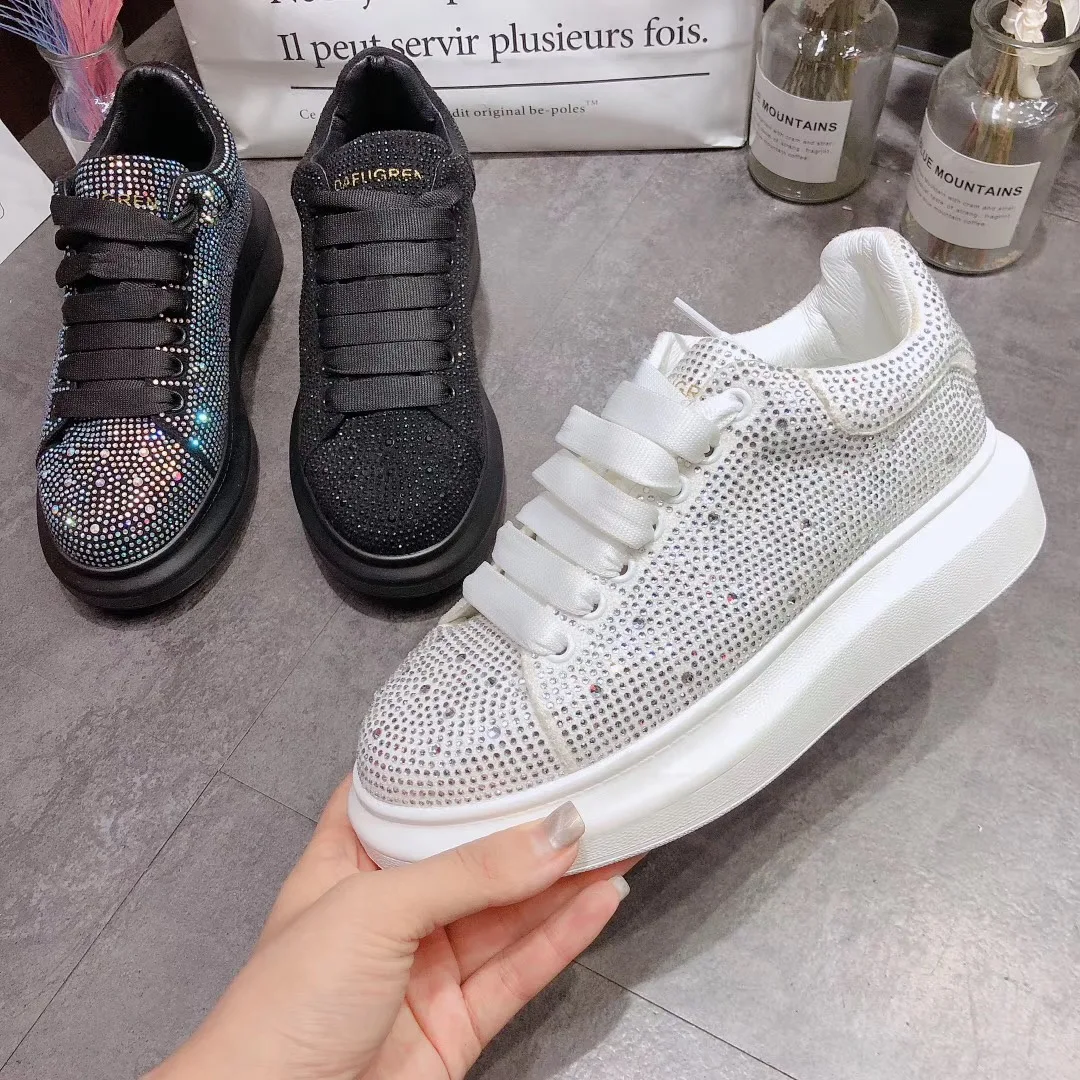 Ручной работы женские черный, серебристый цвет с украшением в виде кристаллов кроссовки со шнурками модные стразы кроссовки на платформе женская мягкая подошва весенне-осенняя обувь
