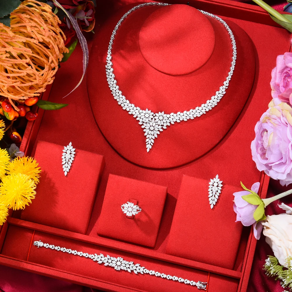 

GODKI Trendy 4PCS Luxury African Shiny Necklace Bangle Earrings Ring Set For Women Wedding Dubai Bridal Jewelry Set Indian 2021