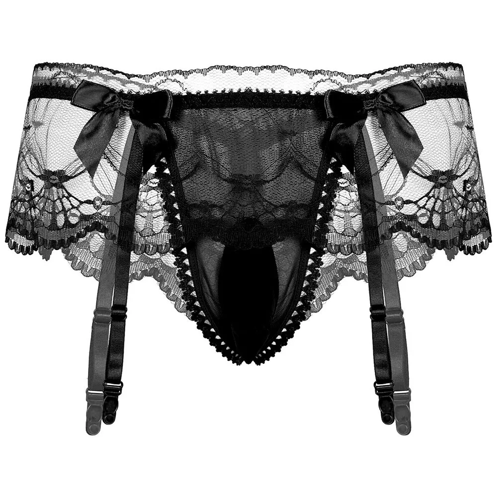 

New Mens Sissy Lingerie Sexy Lace G-String Thongs See Through Briefs Panties UnderwearBreathable Underpants With Garter