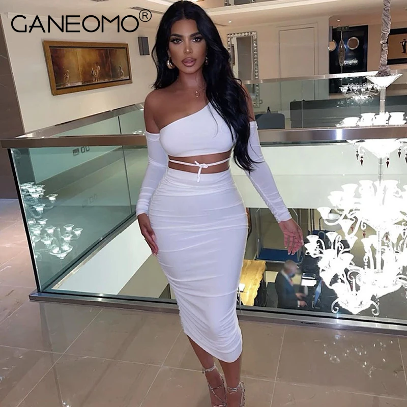 Соблазнительные белые облегающие платья миди комплект из двух предметов для