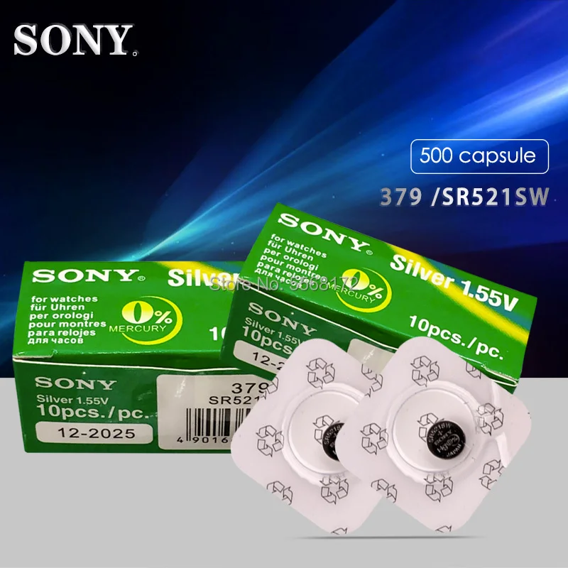 

500PCS FOR SONY Single grain packing Watch Battery 1.55V 379 SR521SW D379 SR63 V379 AG0 Silver oxide Button Coin Cell Battery