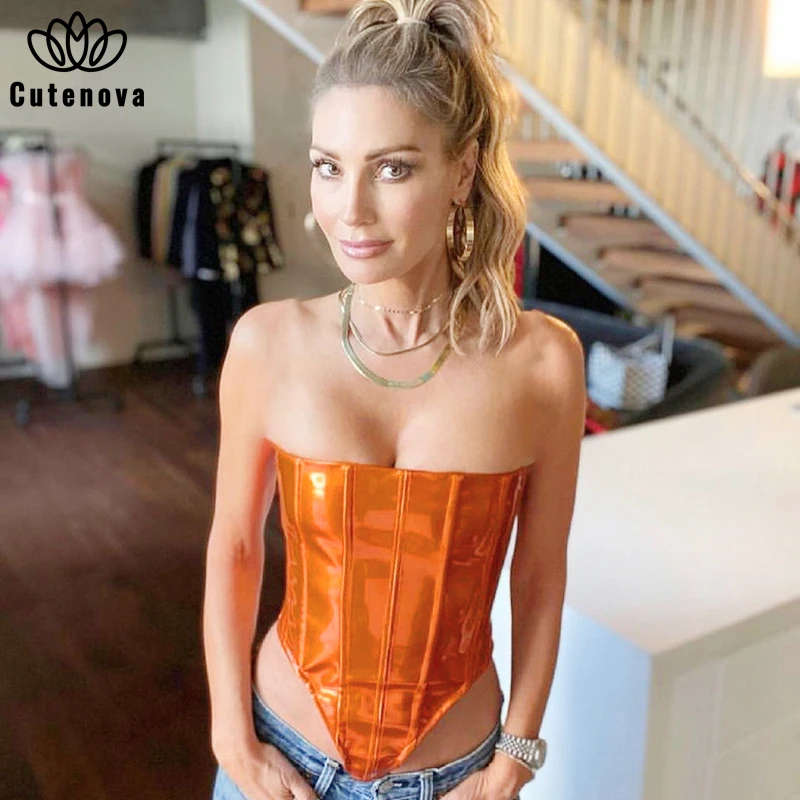 

Cutenove Sexy Party Club Summer Clothes For Women 2021 PU Lace-Up Slim Y2K Crop Top Female Fashion Streetwears