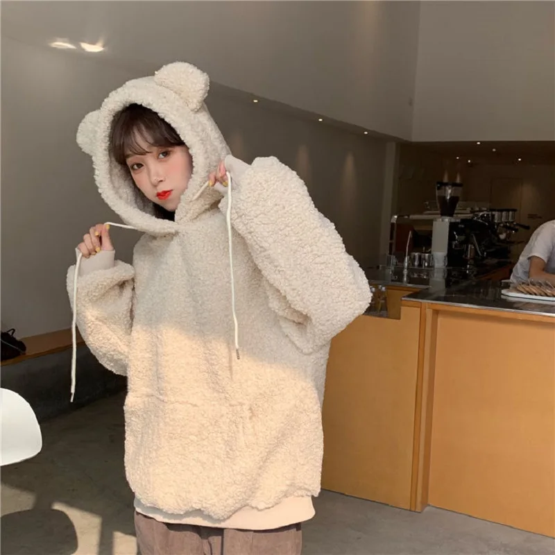 

Bear ears coat plus velvet padded sweater women's loose top Harajuku Hoodies Women Sweatshirt Oversized Kawaii Cardigan clothes
