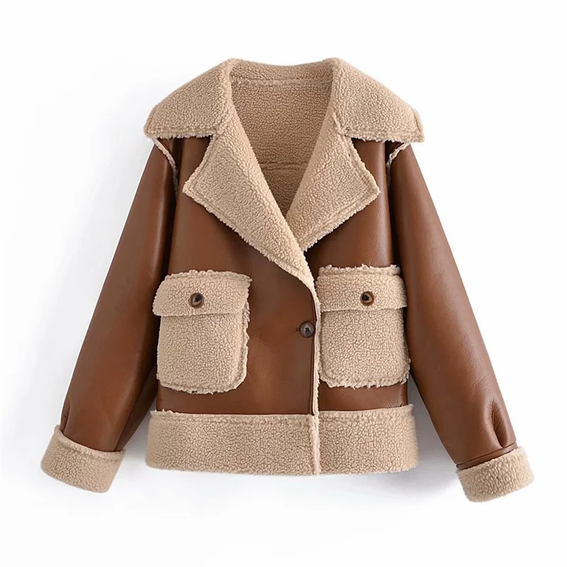 

ZXQJ Women Lambswool Faux Leather Patchwork Jacket 2021 Autumn Fashion Ladies Thick Warm Pocket Streetwear Female Short Coat