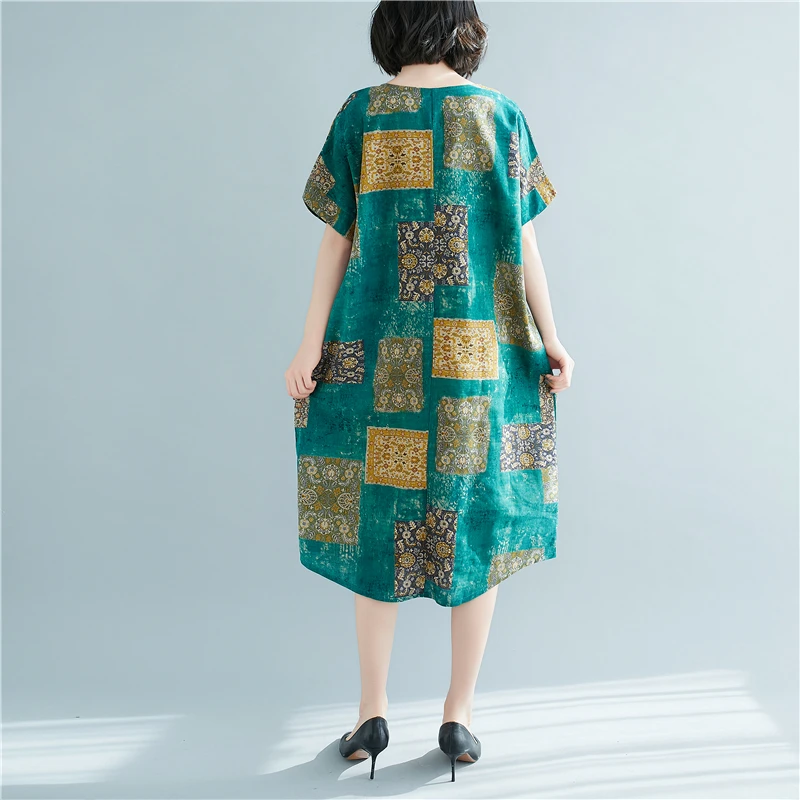 

Women's Dresses Plus Size Dress Print Retro Folk-custom O-neck Hemp Short Sleeve Dresse A-LINE Lady Cotton Mid-Calf Houthion