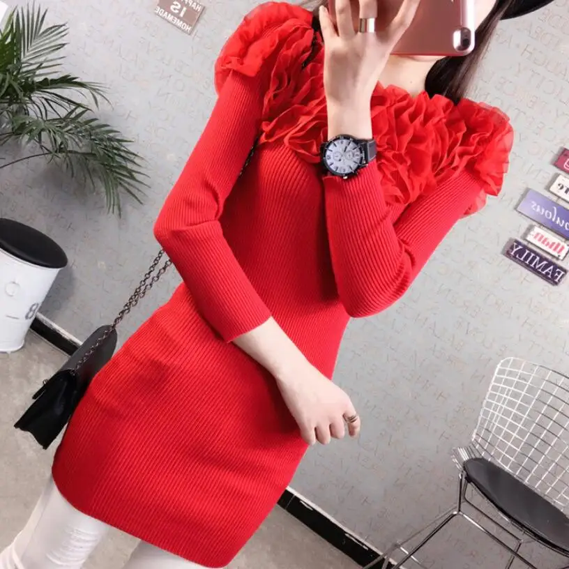 

2020 Spring Autumn Winter Sweater Dress Women Slash Neck Flowers Knitted Dress Elegant Female Long Sleeve Sexy Dress Vestidos