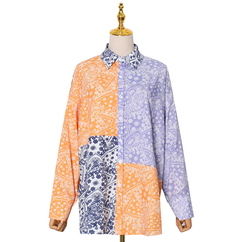

Contrast shirt fashion casual pattern stitching single-breasted loose shirt