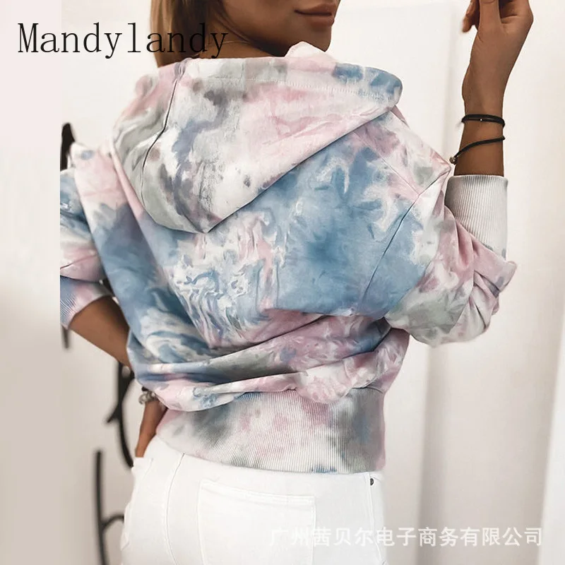 

Mandylandy Cardigan Sweatshirts Autumn Long Sleeve Tie-Dyed Printed Hooded Sweatshirts Women's Casual Loose Zip Pocket Coat