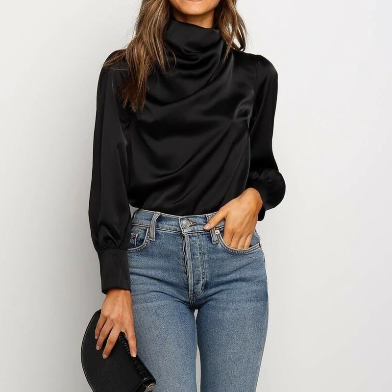 Женская однотонная блузка с высоким воротом Повседневная Свободная черная