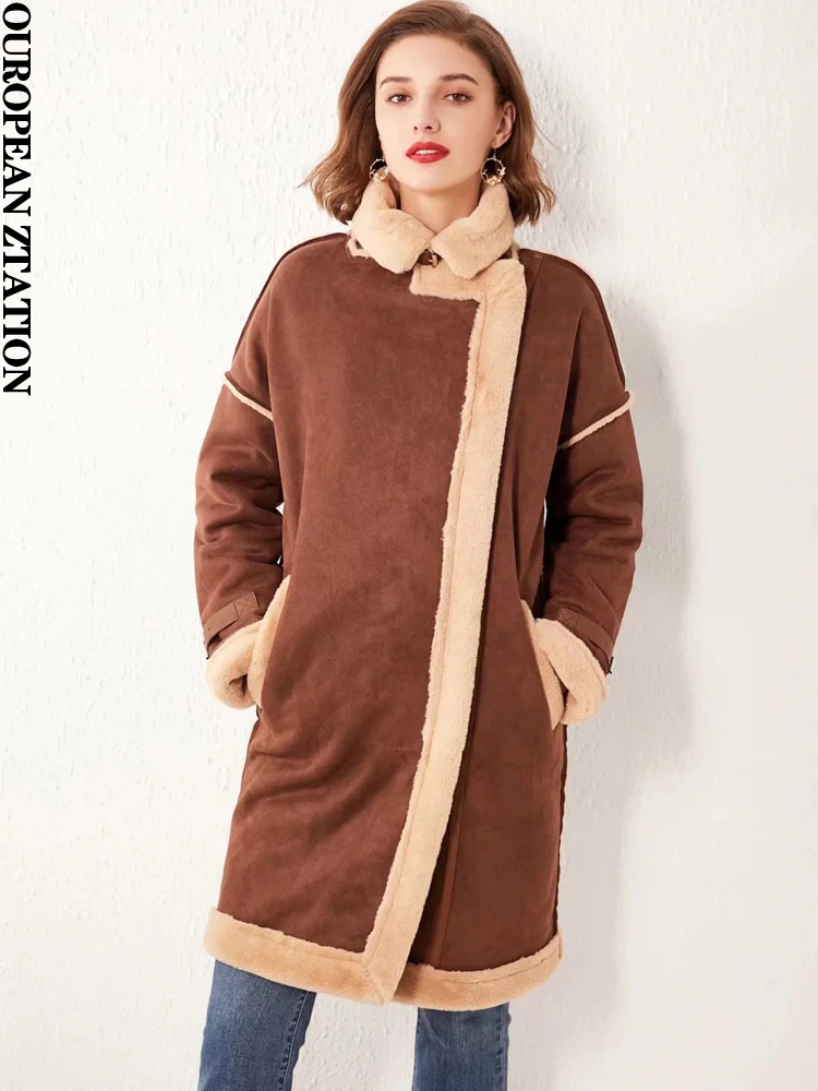 2022 Long Winter jacket Women's basic coat vintage suede jackets warm Long Sleeve women Overcoat Faux Fur plush fashion Outwear