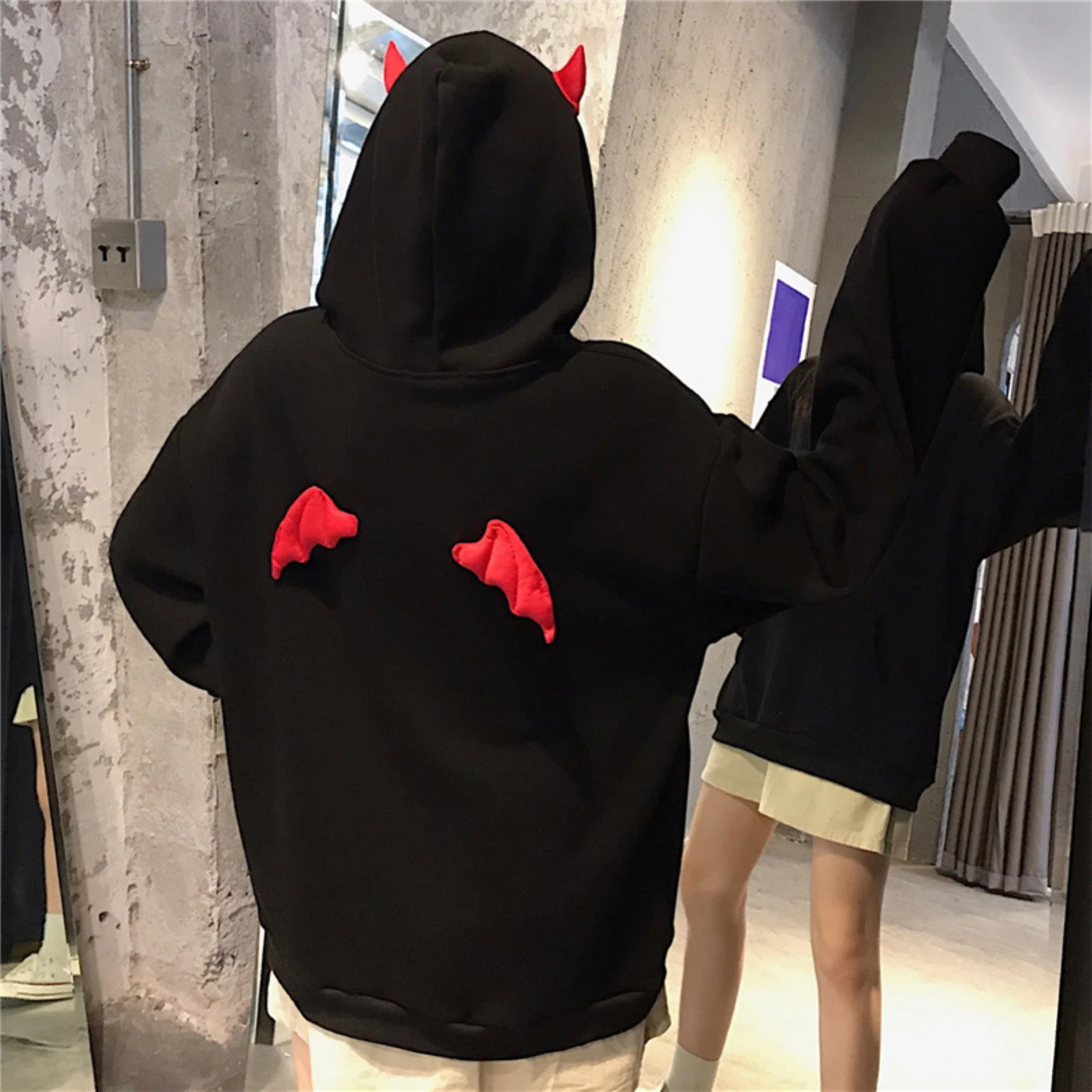 Autumn Women Hoodie Fleece Flannel Pullover Female Sweatshirt Long Sleeve Letters Print Devil Hood Sweatshirt Plush Warm Hoodie