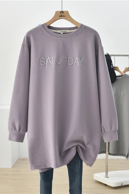 

Over Hip Medium-long Pullovers Tops O Neck Autumn Winter Solid Color Embroidery Letter Long Sleeve Sweashirts Thick Hoodies