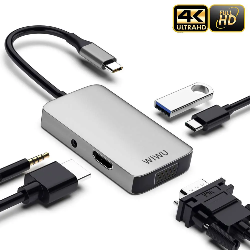 Usb концентратор WIWU 5 в 1 мульти порты VGA HDMI адаптер для MacBook Pro Type C 3 мм аудио USB