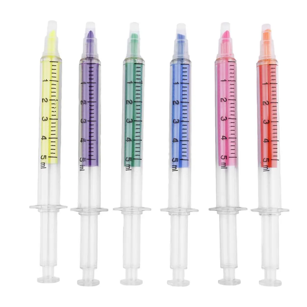 

6pcs/set Cute Stationery Needle Tube Syringe Highlighter Marker Nite Writer Pen Fashionable School Office Supplies