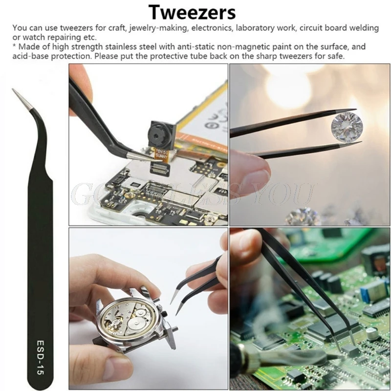 

9 Pcs Tweezers Set Stainless Steel Anti-Static Precision Tweezers for Electronic Mobile Phone Repair Tools Hand Tools