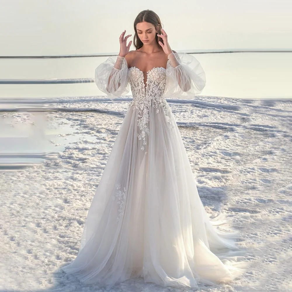 

Ball Sleeve Tulle Wedding Dress A-line Wedding Dress Jewelry Necklace Off Shoulder Phantom 2021