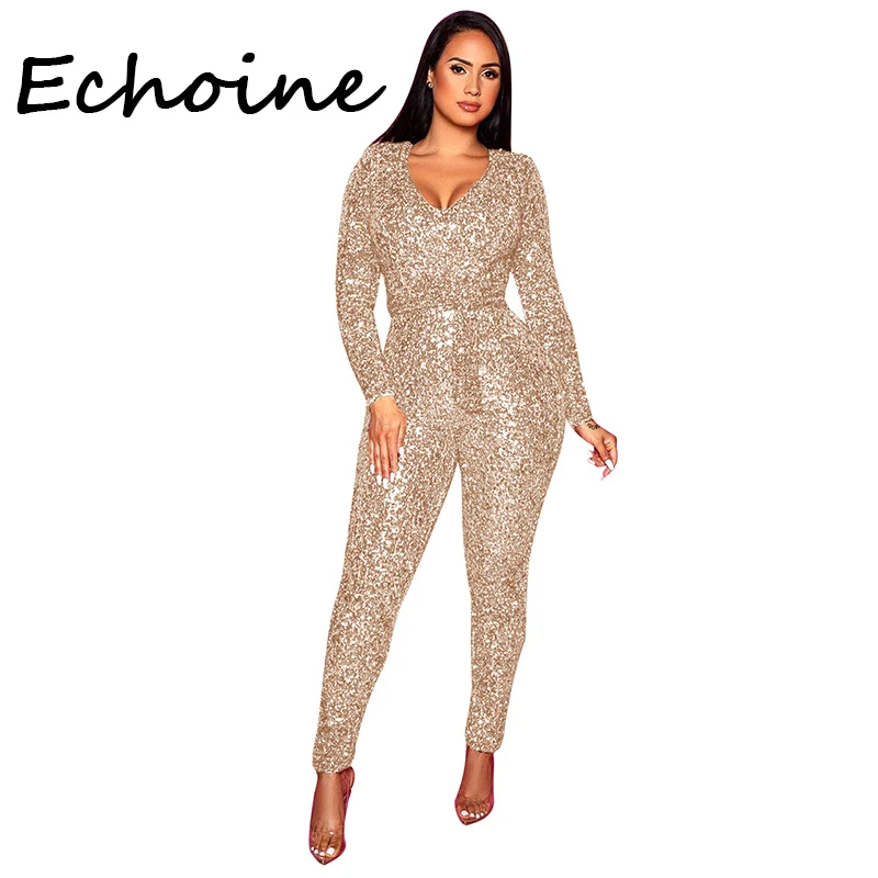 Женский комбинезон с блестками длинный V образным вырезом|Женские комбинезоны| |