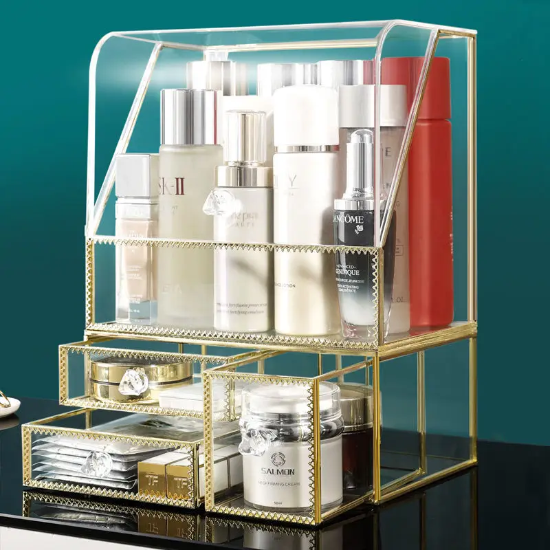 Прозрачный стеклянный ящик органайзер для макияжа большая настольная полка